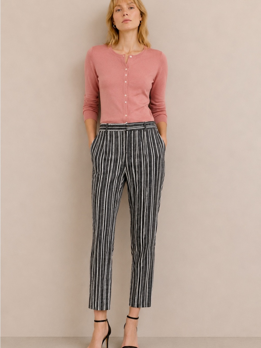 Banana Republic Charcoal Ivory Striped Linen Cotton Blend Cropped Avery Pants